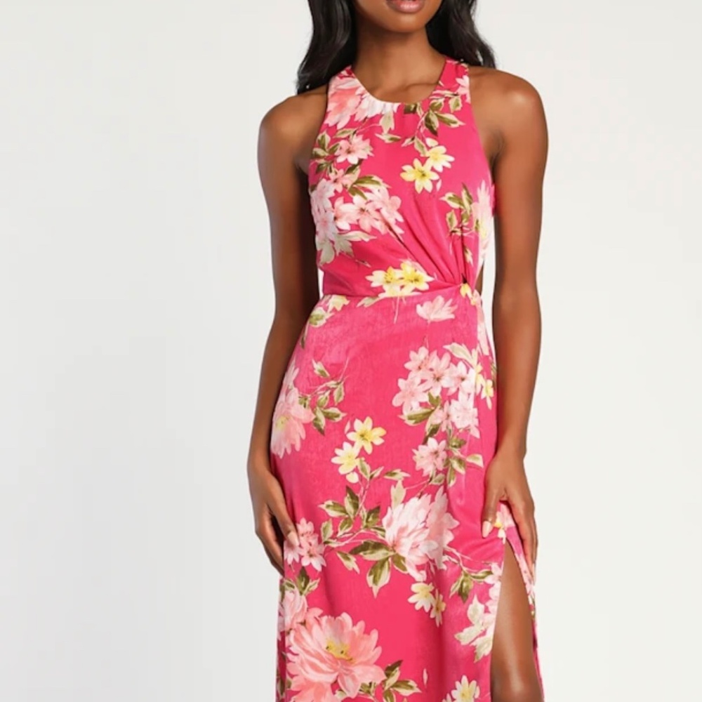 Lulus Radiant Expression Hot Pink Floral Backless Maxi Dress Women’s SZ Small